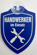 Schild mit Saugnapf - Handwerker im Einsatz - blau