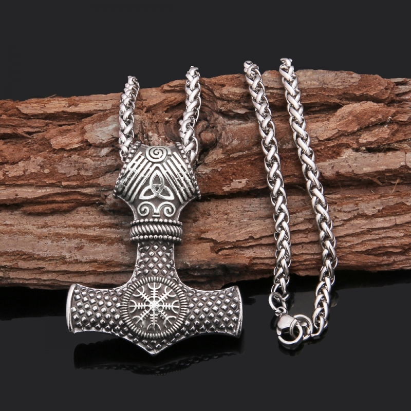 Halskette - Thors Hammer - Vegvisir - silber Optik